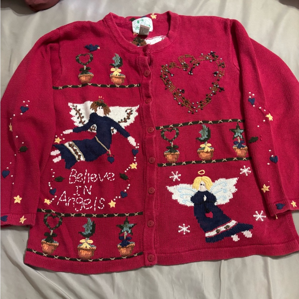 Vintage Quacker Factory Angel Christmas Cardigan | Size L Holiday